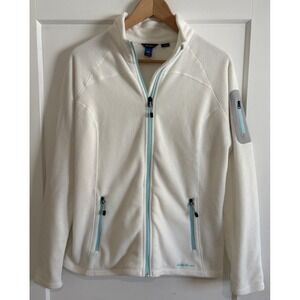 Eddie Bauer First Ascent Soft Fleece Jacket Womens Large White Aqua Zip EUC